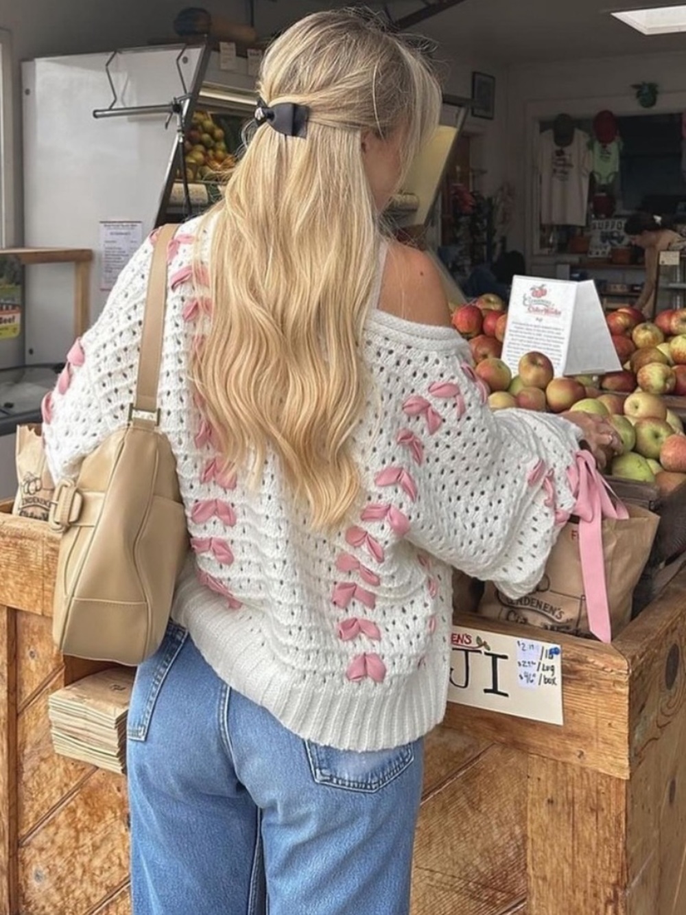 For Love & Lemons Laurel Oversized Cream & Pink Ribbon Sweater size small NEW - Picture 4 of 14